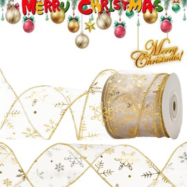 Gold Ribbon, Gold Organza Ribbon, Organza Ribbon Snowflake Wired Sheer Glitter Ribbon with Spool for Christmas Decoration, Gift Wrapping, Party Decoration (Gold, 9m)