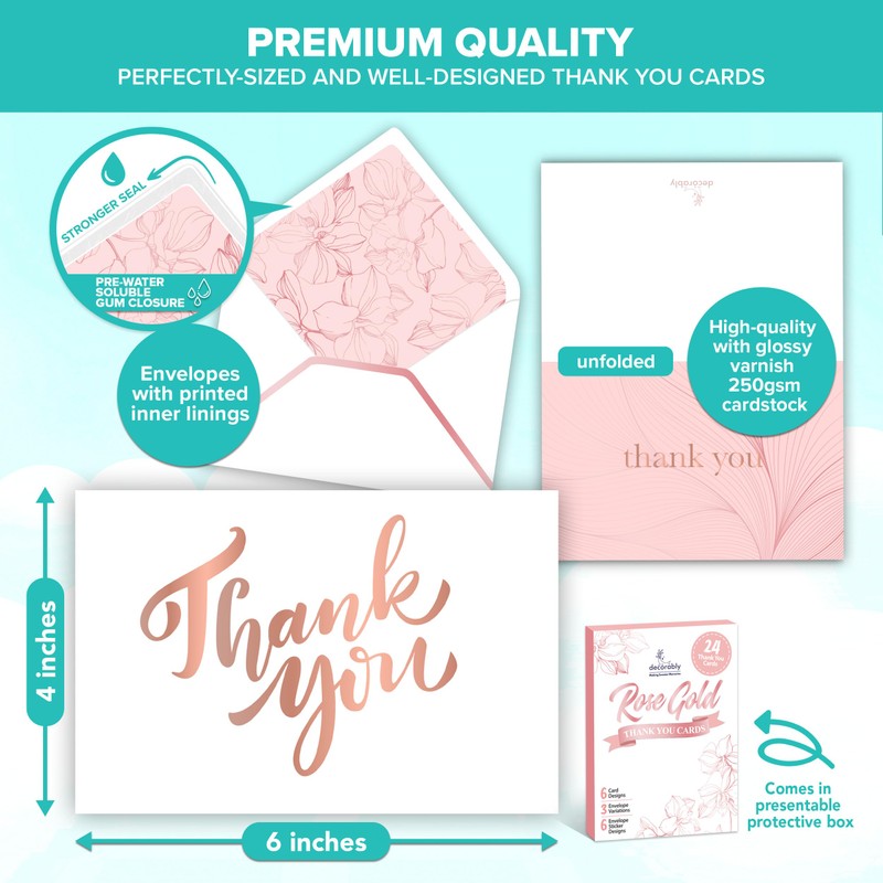 Decorably Thank You Cards with Envelopes & Stickers, Gold-Foiled Cards