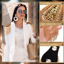 Yilloog 4 Pieces Metal Tassel Link Chain Epaulet Beaded Crystal Shoulder Boards Badge Punk Rivet Shoulder Jewelry Epaulettes with Pins for Men and Women Uniform Accessories(Gold)