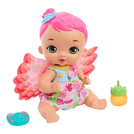 Mattel My Garden Baby Pink Flamingo Baby Doll, Drinks and Pees (30 cm) with Reusable Nappie, Bottle and Accessories, Children's Toy, From 1 Year Old, HPD12