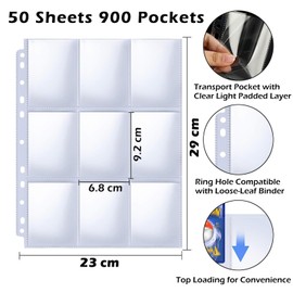 PALUDO 900 Pockets Trading Card Sleeves Transparent, 50 Pages Per 18-Pocket Pages Empty Scrapbook Collector Folder, Card Films, Pockets Trading Cards Films for a Variety of Ring Binders