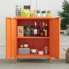 Small 2 Transparent Door Metal Storage Side Buffet Cabinet for Bed Room,Living Room,Entryway,Hallway,Home,Hotel,Office,Garage,Kitchen,1 Removable Shelf. (Metal Door, Orange)