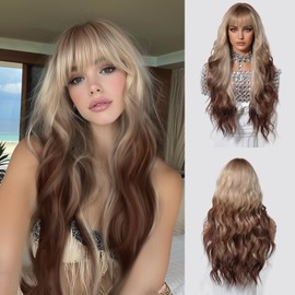 Ombre Blonde Wig with Bang Brown to Blonde Long Wavy Wig with Brown Roots 26 In Long Light Brown Wig with Blonde Highlight Syntehtic Wigs for Women Natural Looking Replacement Wigs for Daily Party Use