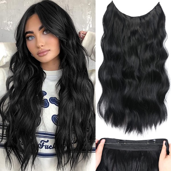 Halos black Hair Extensions with Transparent Wire, Invisible Wire Hair Extensions with 5 Adjustable Sizes, 20 Inch Synthetic Long Wavy Hair Pieces for Women (Color: Black)