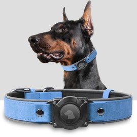 AirTag Dog Collar - Leather Dog Collar with Air Tag Holder | IPX8 Waterproof, Reflective, High - End, Adjustable Soft Padded | Dog GPS Tracker Collars Fit for Medium Large Dogs (Blue, L)