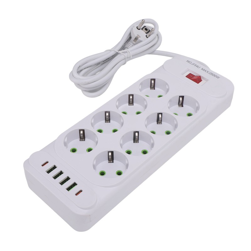 8 Way Power Strip USB C European Socket Desk Wall