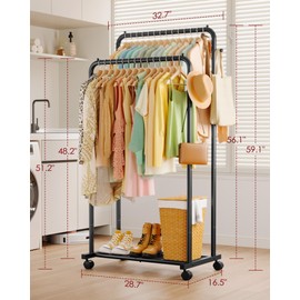 Sakugi Clothes Rack - Double Rods Clothing Rack with Mesh Shelf, Hooks & Wheels, Metal Clothing Racks for Hanging Clothes & Bags, Multifunctional Garment Rack for Laundry, Black, 28.7" x 16.5" x 59.1"