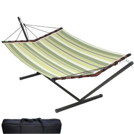 TegerDeger 12FT 2 Person Hammock with Stand Included 55 x 79IN Large Hammock Quick Dry 450LB Capacity with V Shaped Hardwood Spreader Bar & Nylon Rope for Outside, Patio, Garden - Tender Green Stripes