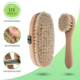 VELNA Horsehair Body Brush and Face Brush Set Natural Bristles Fine Horse Hair Perfect Against Cellulite Dry Brush Horse Hair Brush with Elastic Handle Beige 15 x 11 x 4.5 cm