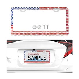 Zpana Bling American Flag Car License Plate Frame, Crystal Rhinestone Stainless Steel USA Patriotic Flag License Plate Decoration Cover, Vehicle Tag Holder Protector, Universal Fit