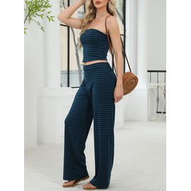 UNCOOYEE Two Piece Sets For Women Summer Outfits Lounge Sets Striped Tube Top And Pants Matching Sets Beach Vacation Travel, Navy Green, Medium
