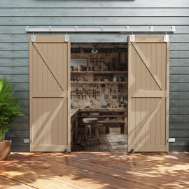 JUBEST 12FT Box Rail Exterior Barn Door Hardware Kit, Heavy Duty Sliding Door Track Kit Wall Mount Door Hardware Kit for Two Doors System(Doors Not Included), Silver