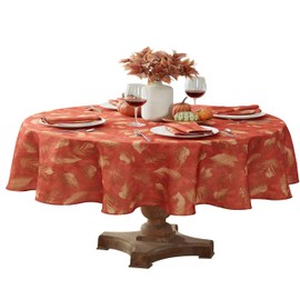Newbridge Thanksgiving Spice Metallic Foliage Contemporary Oval Fabric Tablecloth, 60 x 84 Inch, Autumn Golden Metallic Leaf Print, Soil Resistant No Iron Easy Care Holiday Dinner Table Cover