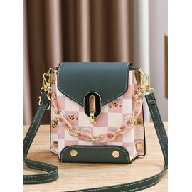 Fashionable Geometric Pattern Pu Leather Crossbody Bag As Gifts, 2025 New Versatile Shoulder Bags 2025 for Women, Trendy All-match Bag Charm Chain Flap Affordable Luxury Bag:_Olive Green_one-size