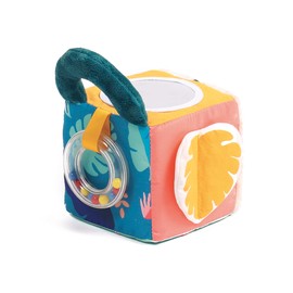 LUDI Jungle Awakening Cube Made of Soft Fabric - Baby Toy - From 3 Months - Develops Touch, Fine Motor Skills and Wellbeing - Numerous Textures and Activities - Leaf Pattern
