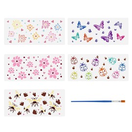FINGERINSPIRE 5 PCS Bugs Flowers Pattern Stencils with Brush 15.7x7inch Plastic Ladybug Butterfly Bee Drawing Templates Hollowed Platycodon Daisy Stencils Art Plant Theme Templates for Wall Decor