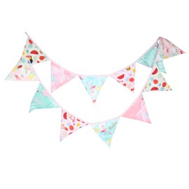 G2PLUS Flamingo Fabric Bunting Banner, 10.8 Feet Double Sided Floral Cotton Garlands, 12PCS Fabric Triangle Pennants for Summer Hourse and Afternoon Tea Garden Party