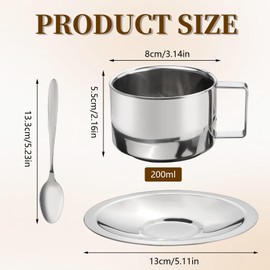 Roucerlin 304 Stainless Steel Coffee Cups with Spoon & Saucer, 6.8 Oz Metal Espresso Mugs, Double Walled Insulated Espresso Coffee Cup for Cappuccino Latte Milk Tea Beverages (1 Set，200 ml)