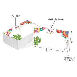 Table Place Card, Mexican Fiesta Themed Tent Style Cards, Pack of 25 Half-Fold Reception Place Card, Fiesta Cactus Food Labels, Fiesta Confetti Decor, Perfect for Baby Shower, Birthday Party C28