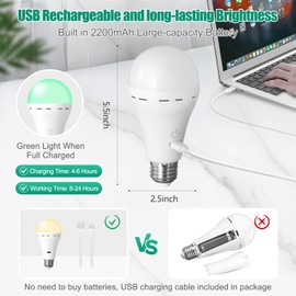 Bailoch Wireless Rechargeable Light Bulbs with Remote, 2Pack LED Cordless Battery Operated Light Bulbs for Lamps, E26 Battery Powered Magic Light Bulb with 300LM, 3 Color, Dimmable for Non-Hardwired