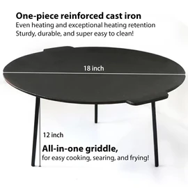 Veryard 18" Cast Iron Griddle, Round Iron Pan, Portable Campfire Grill with 3 Removable Legs for Outdoor BBQ Cooking, Grilling and Frying Outdoor Camping