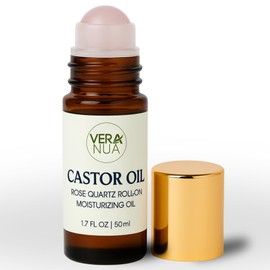 VeraNua Castor Oil With Rose Quartz Roller C 100% Pure & Natural, Cold Pressed, Hexane Free | Great For Hair, Eyelashes, Eyebrows, Skin & Scalp | 1.7oz (50ml)