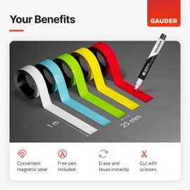 GAUDER 5 x Dry Erase Magnetic Tape | Magnetic Strips | Magnetic Labels | Magnetic Tape (25 mm x 1 m)