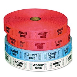 PM Company 59001 Admit-One Ticket Multi-Pack, 4 Rolls, 2 Red, 1 Blue, 1 White, 2000/Roll (PMC59001)