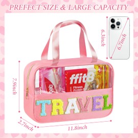 WOPIPAL - Chenille Letter Clear Makeup Bag, Waterproof Nylon & PVC Cosmetic Pouch with Handle & Zipper, Cute Preppy Storage Organizer for Women (Travel Pink)