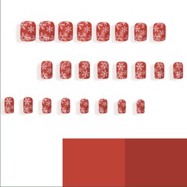 Snowflake Press on Nails Short Square, Red Fake Nails with White Snowflake Designs Christmas Acrylic Nails Glossy Stick on Nails with Jelly Glue, 24 Pcs Full Cover False Nails Set
