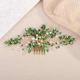 Teyglen Bridal Green Crystal Hair Comb Sparkly Rhinestone Headpiece with Pearl Wedding Hair Comb for Bride Wedding Hair Accessories for Women Headdress Jewelry(Green)