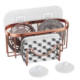 HapiRm Multifunctional Sink Sponge Holder with Unique M-Shaped, 2 Installation Ways Kitchen Sink Caddy, Stainless Steel Kitchen Organizer for Sponge, Brush and Scraper - Rose Gold