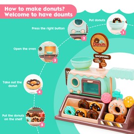 Pretend Play Donut Shop Playset with Lights and Music, Donut Shop Toy with Donut Maker Machine and Oven, 34pcs Dessert Donuts Candy Set Toys for Boys and Girls