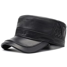 Men's Leather Military Style Hat Cadet Army Caps Flat Top Cap