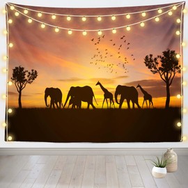 Loccor African Safari Animals Tapestry Giraffe Elephant Wild Animals Tropical African Forest Safari Sunset Scenery Tapestry Wall Hanging for Bedroom Living Room Decor 60''x50''