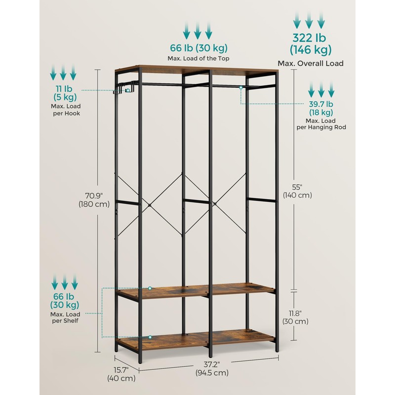 SONGMICS Clothes Rack, Iron and Wood Wardrobe Closet Organizer, Heavy