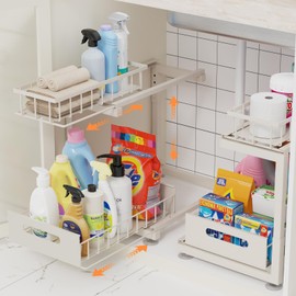 2 Pack Under Sink Organizer, 2-Tier Heavy Duty Metal Pull Out Cabinet Organizer Slide Out Sink Shelf Organizer Height Adjustable, Multi-Purpose Storage Shelf for Kitchen Bathroom (Sand, 2 Pack)