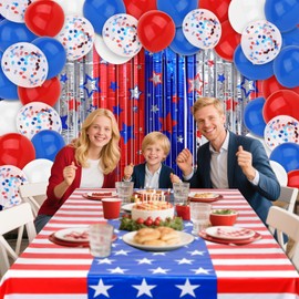 BAHABY 4th of July Decorations Set: 30 Pcs Red White and Blue Latex Balloons with Confetti + 2 Pack Metallic Tinsel Foil Fringe +1 Pack Patriotic Tablecloth