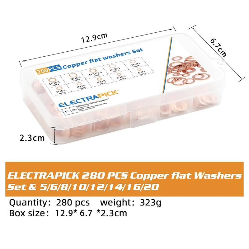 ELECTRAPICK 10 Sizes 280pcs-O Ring Washers Set, Flat Ring Seal