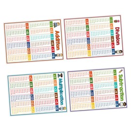 TEHAUX 4pcs Times Table Chart For Kids Multiplication And Division Flash Cards Home School Supplies Laminated Math Poster Math Learning