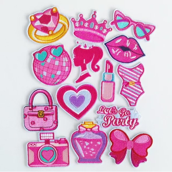 14PCS Pink Embroidered Iron On Patches, Cute Patches Sew On