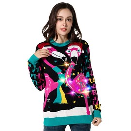 OFF THE RACK Unisex Men's Ugly Christmas Sweater Funny Novelty Knit Pullover with Classic Fairisle Pattern Flamingo S