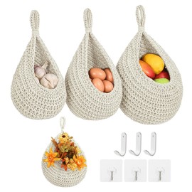 INJORAN Boho Wall Hanging Fruit Baskets for Kitchen 3 Pack Woven Produce Holder with 6 Pcs Strong Hooks Vegetable Hanging Basket for Organizing Teardrop Home Wall Potato Onion Storage, White