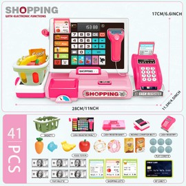 JoyGrow Electronic cash register children's role play supermarket toy grocery shop accessories cash register supermarket cash register with money, food, gift for children from 3 years (pink)