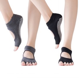 TRADERPLUS 2 Pairs Yoga Socks for Women Toeless Non Slip Sock Pilates Ballet Womens Socks for Workout, Yoga, Dance (Black+Gray)