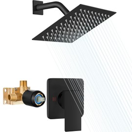 Heyalan 8 Inch Shower Head and Handle Set Square Shower Faucet Set Bathroom Rainfall Shower Faucet Set Stainless Steel Showerhead Single Function Shower Trim Kit,Male Thread Valve,Matte Black