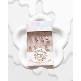 Press on Nails Long Coffin Fake Nails Pink Full Cover False Nails with 5D Bunny Designs Glossy with Heart Pattern and Bunny Rhinestones Artificial Acrylic Nails for Women Girls 24 Pcs