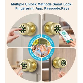 KLLOQUE Fingerprint Door Lock, Smart Fingerprint Door Knob with Keypad, Biometric Door Lock with App Control, Auto Lock Door Lock with Code, Keyless Door Knob with Lock for Bedroom, Home,Office-Brass