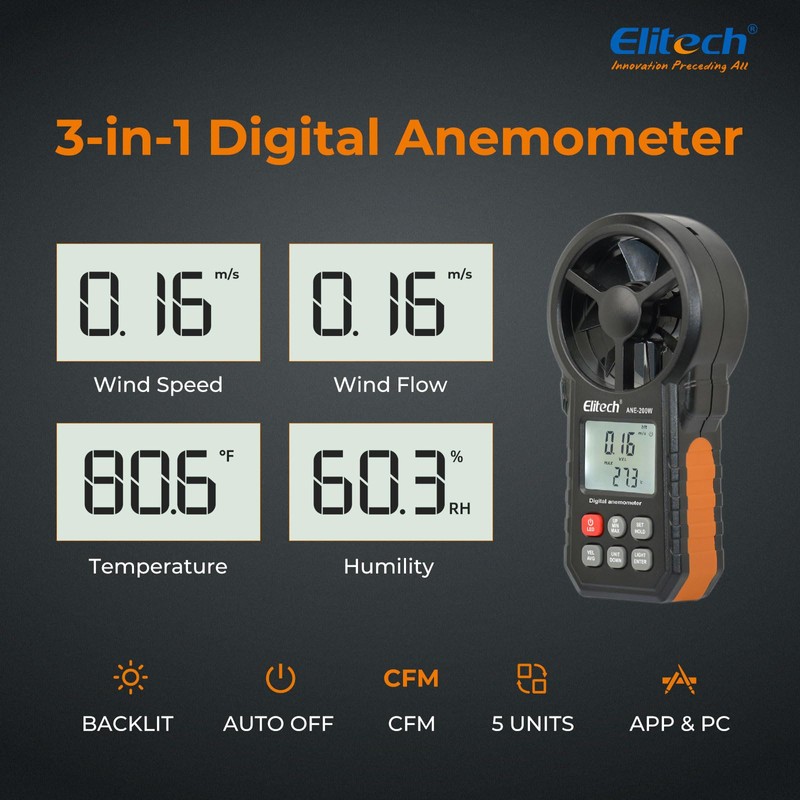 Elitech ANE-200W Bluetooth Anemometer, Digital Wind Speed Meter with Temperature