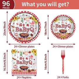 Papiailove Baby Q Baby Shower Decorations – 96 Pcs BBQ Party Tableware Set It’s A Baby Q Plates Napkins for Barbecue Gender Reveal Picnic Party Decor Favor Supplies Serves 24